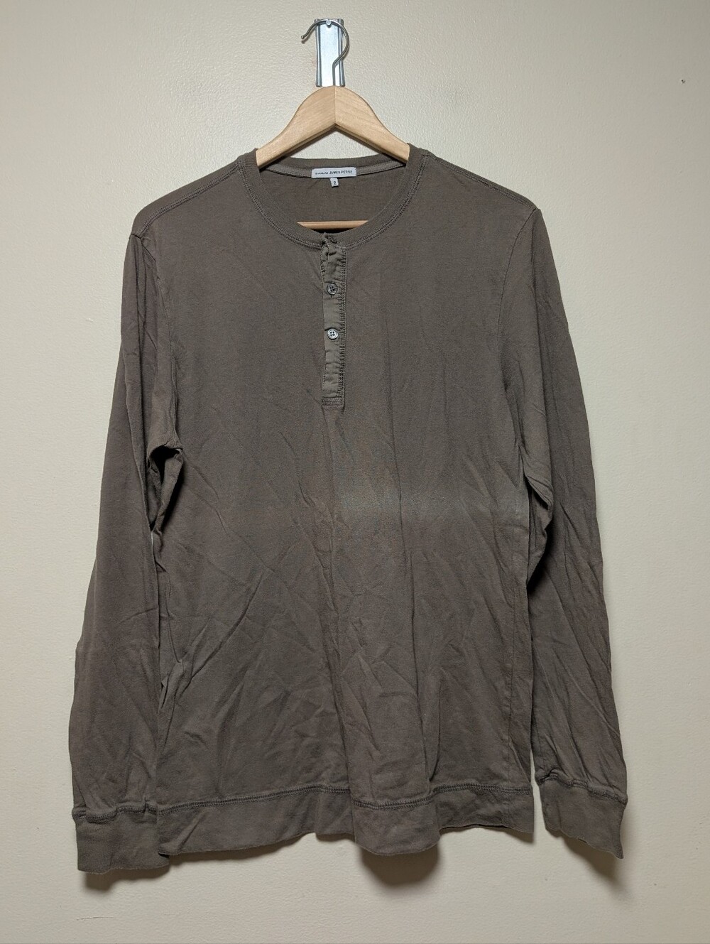 James Perse Standard Long Sleeve Henley Shirt Size 2 Taupe Gray Made USA